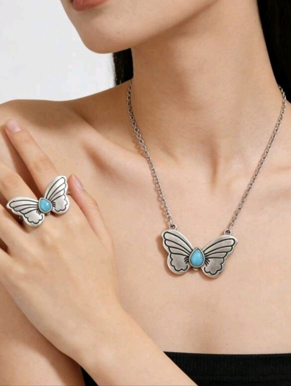 Silver Butterfly Necklace & Ring Set with Turquoise Accent - Women Jewelry